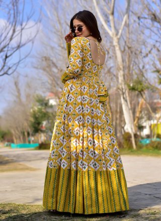 Muslin Digital Print Yellow Readymade Gown