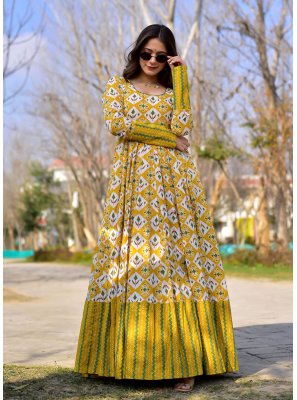 Muslin Digital Print Yellow Readymade Gown
