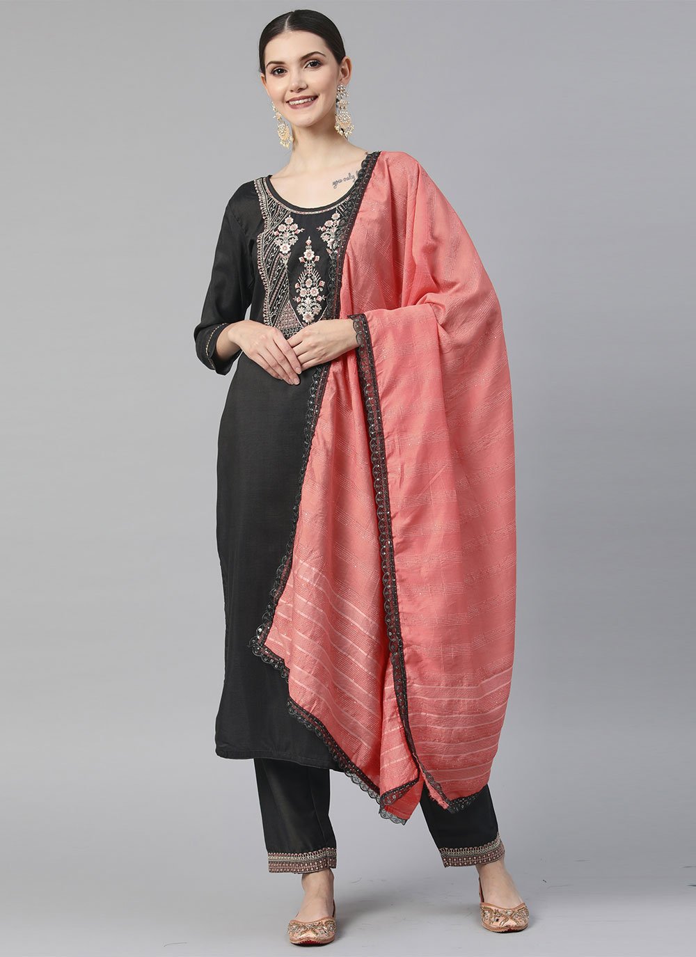 Muslin Embroidered Readymade Salwar Suit in Black