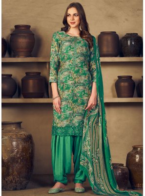 Muslin Green Embroidered Salwar Kameez