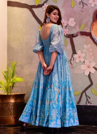 Muslin Readymade Gown in Aqua Blue