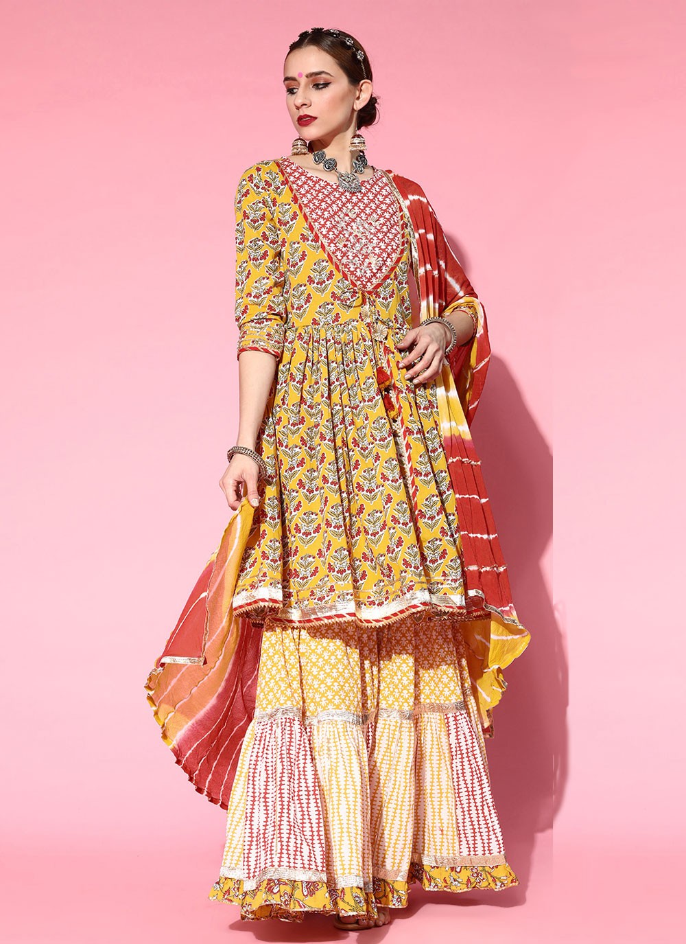 Mustard Embroidered Cotton Designer Palazzo Suit