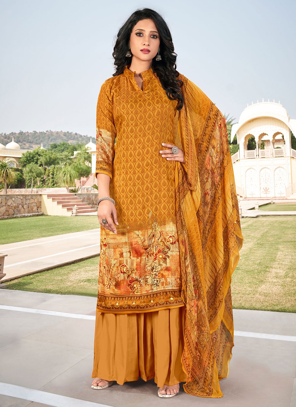 Mustard Embroidered Cotton Palazzo Salwar Suit