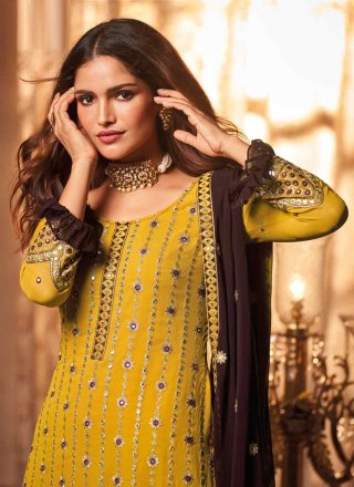 Mustard Embroidered Faux Georgette Designer Pakistani Salwar Suit
