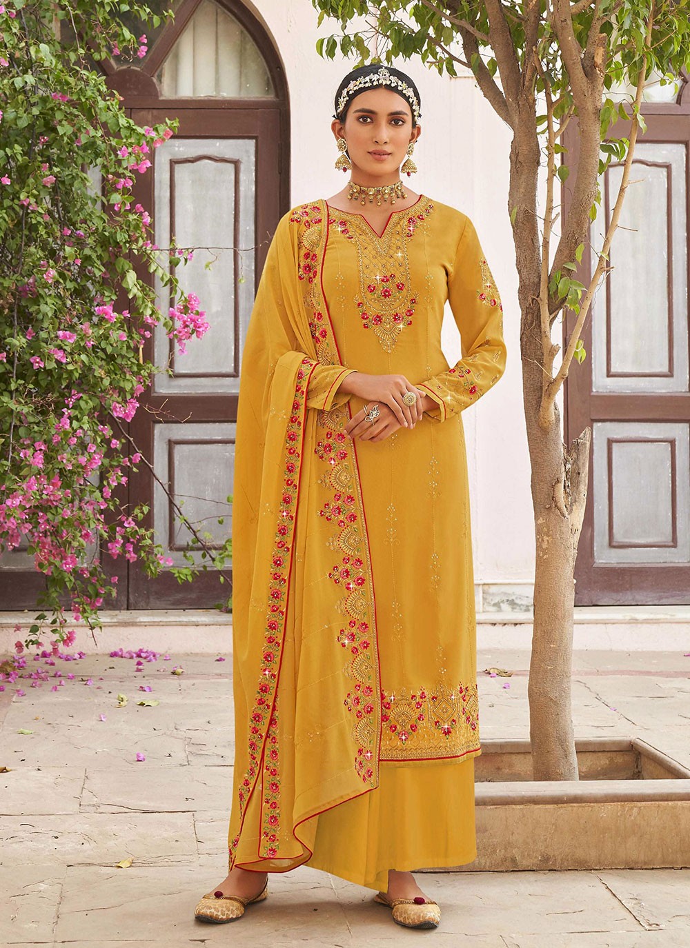 Mustard Embroidered Georgette Designer Straight Salwar Suit