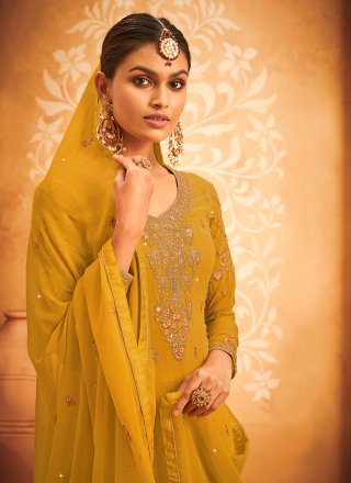 Mustard Embroidered Georgette Trendy Salwar Suit
