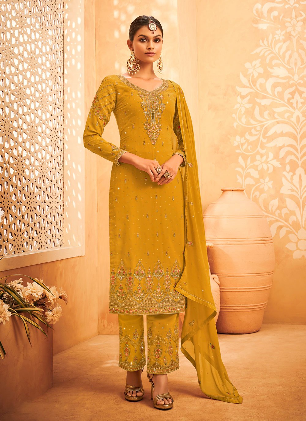 Mustard Embroidered Georgette Trendy Salwar Suit