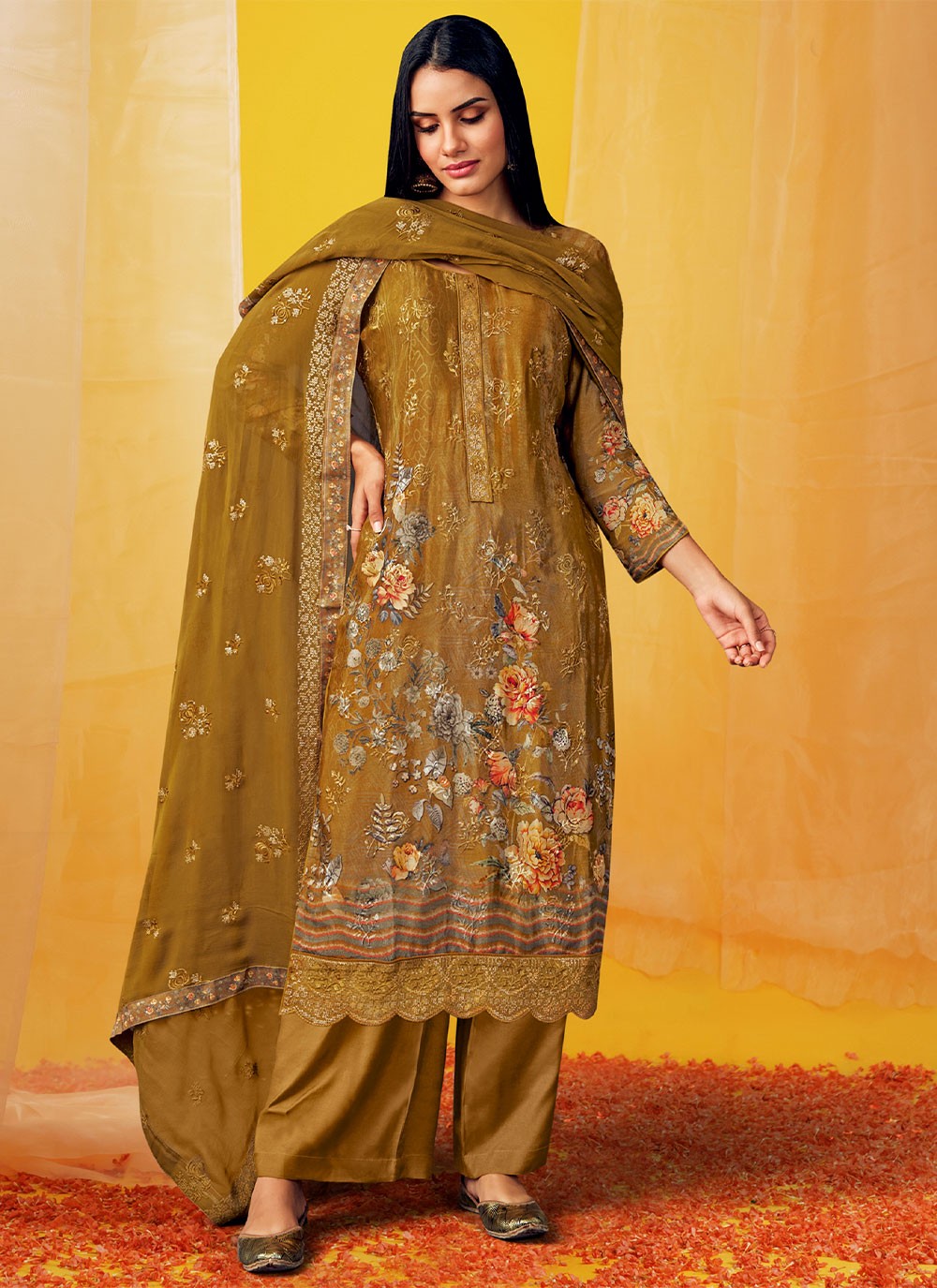 Mustard Floral Print Salwar Suit
