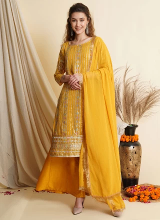 Mustard Georgette Embroidered Palazzo Salwar Suit