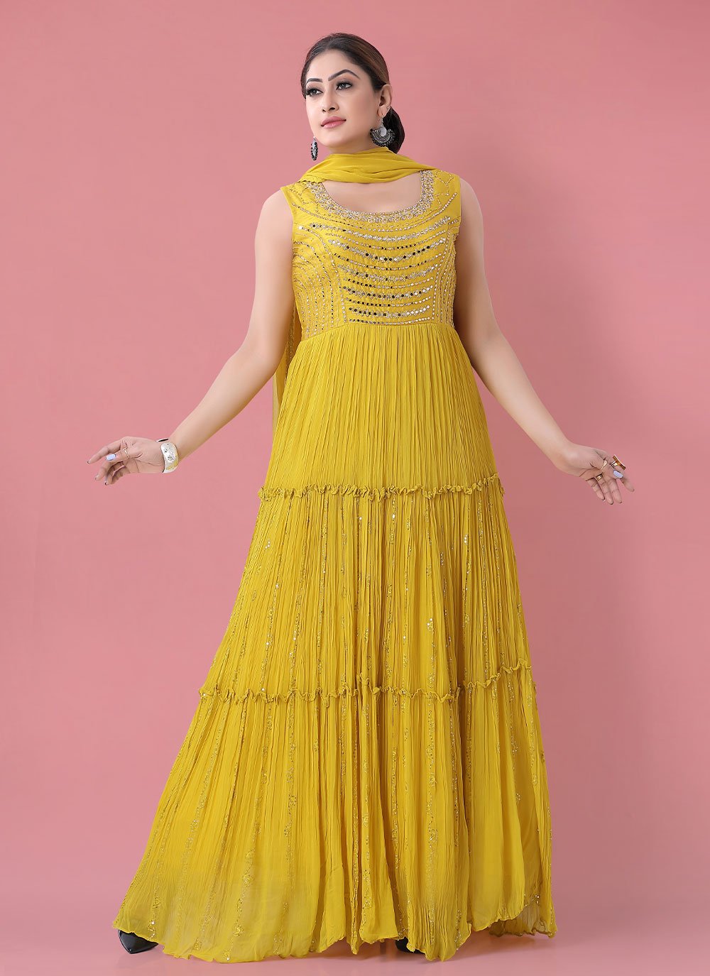 Mustard Georgette Embroidered Readymade Anarkali Suit