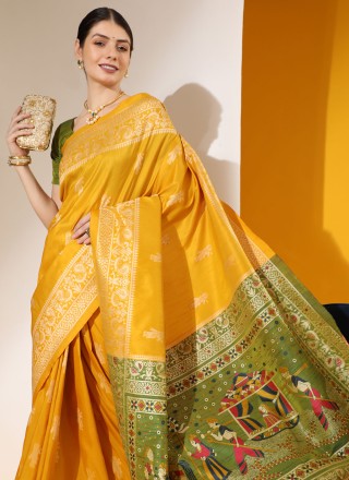 Mustard Handloom silk Woven Trendy Saree