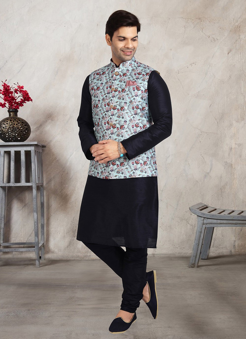 Navy blue kurta hot sale with waistcoat