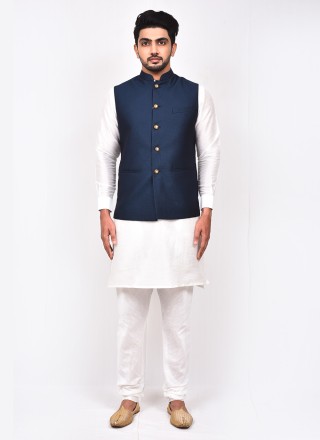 Navy Blue and White Buttons Mehndi Kurta Payjama With Jacket