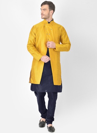 Navy Blue and Yellow Fancy Kurta Payjama With Jacket