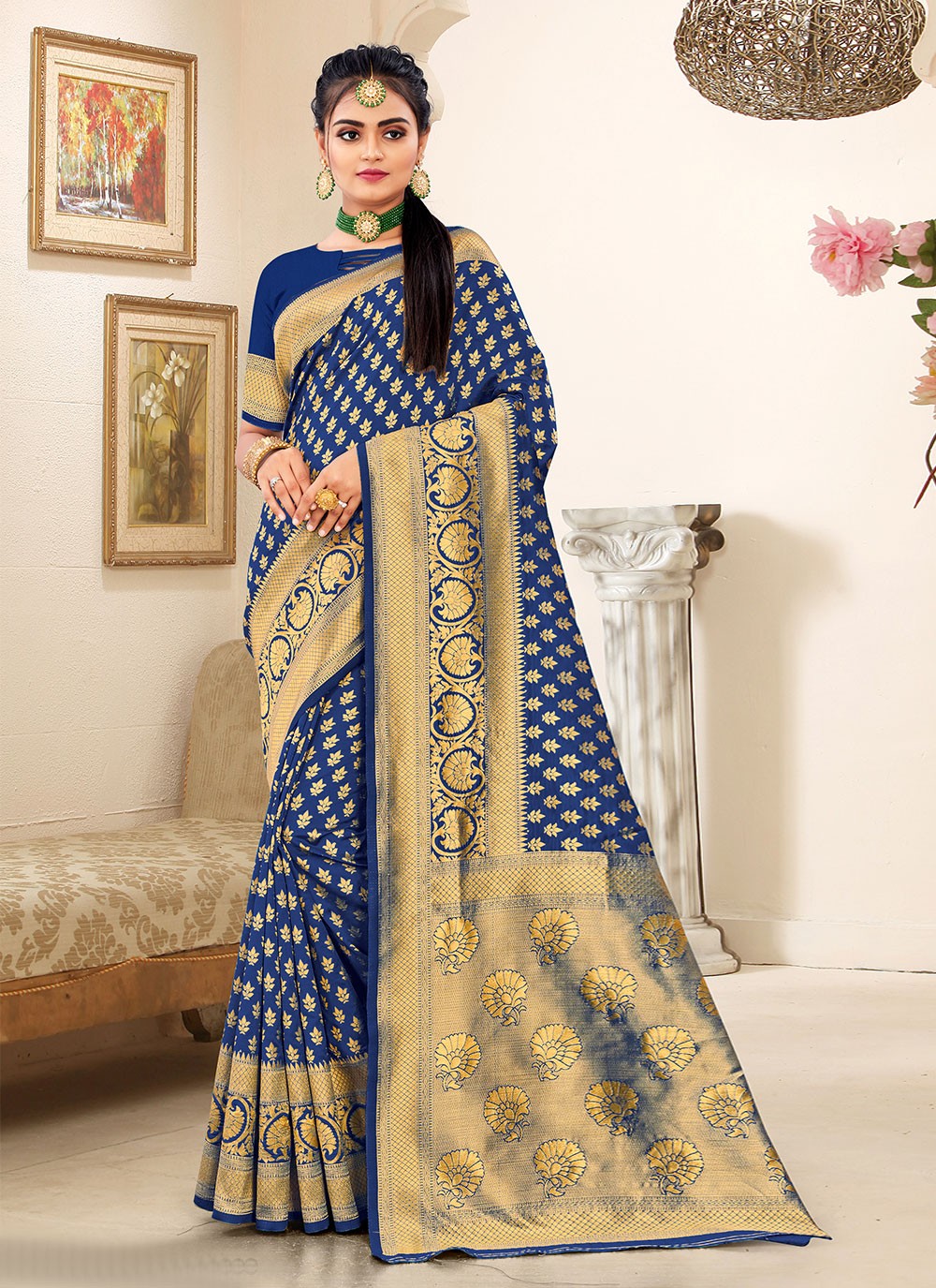 Navy Blue Banarasi Silk Classic Designer Saree