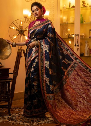 Navy Blue Banarasi Silk Weaving Classic Saree