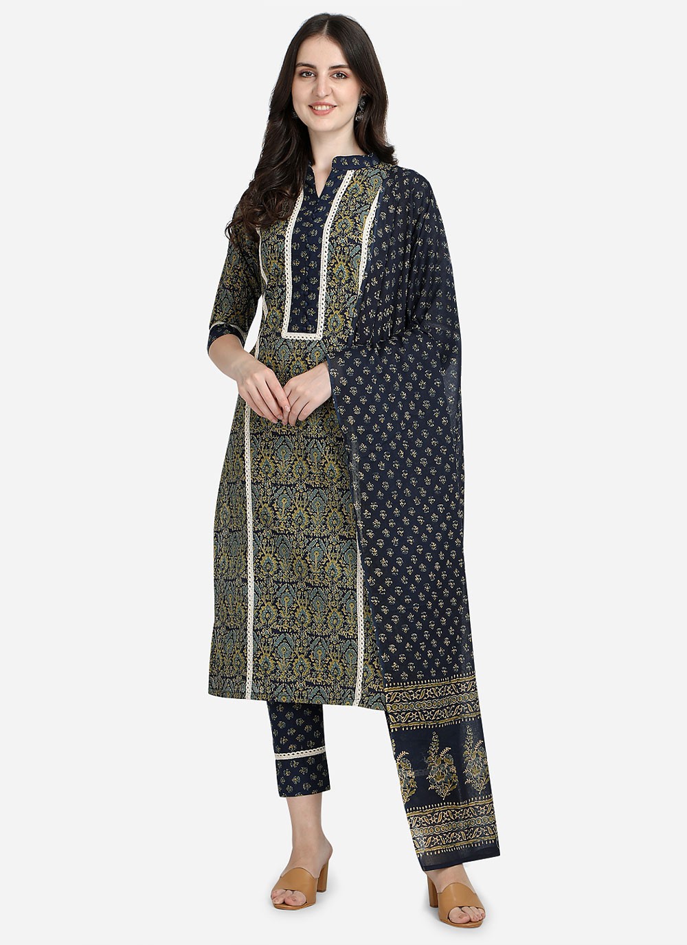 Navy Blue Block Print Trendy Salwar Suit