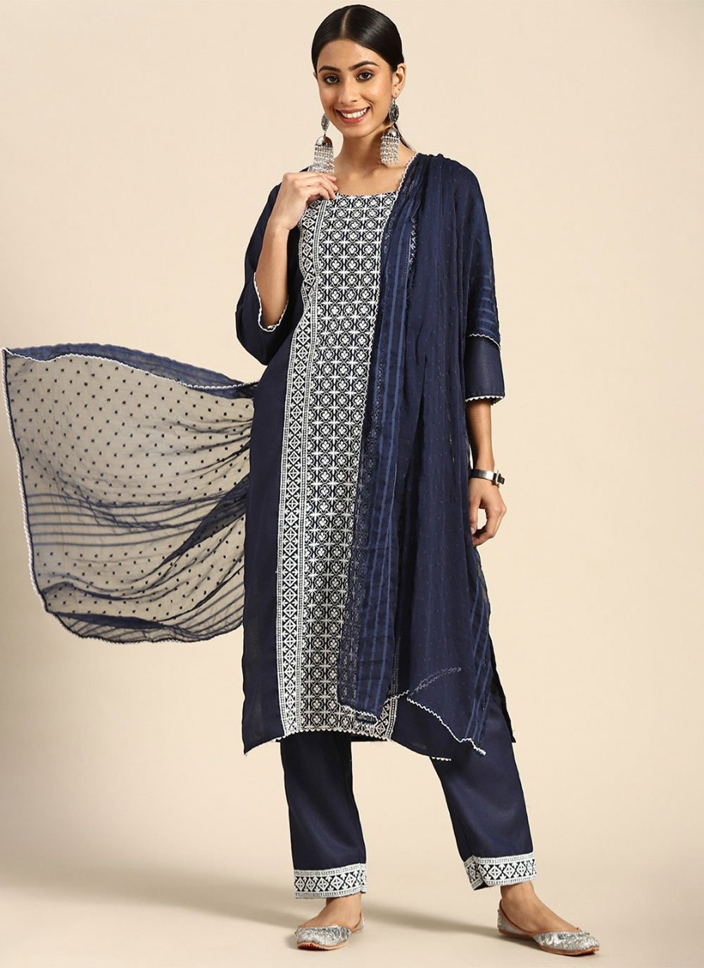 Navy Blue Embroidered Blended Cotton Pant Style Suit