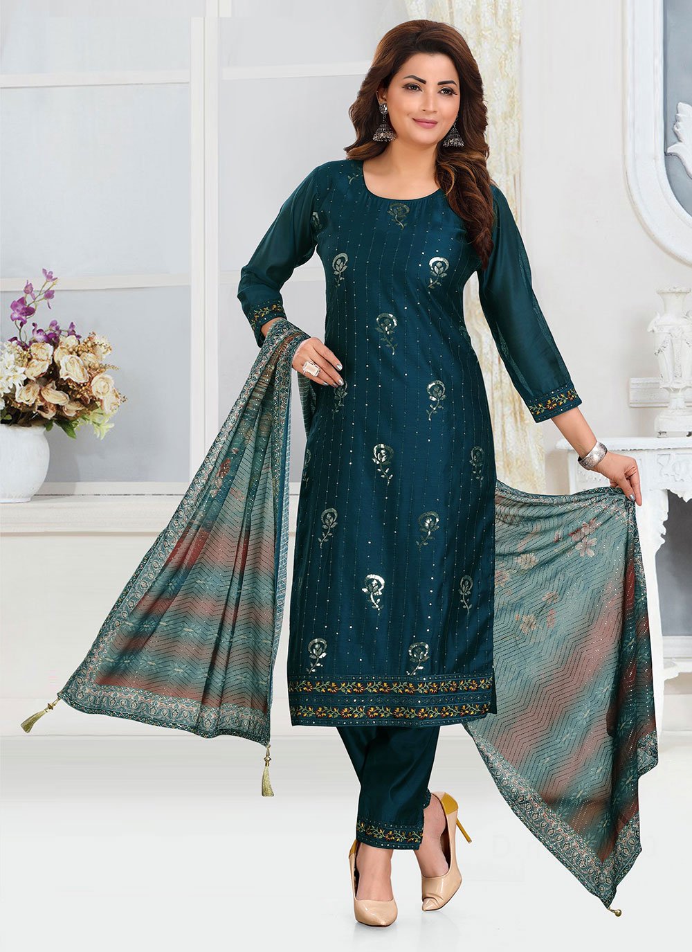 Navy Blue Embroidered Chanderi Silk Designer Straight Salwar Suit