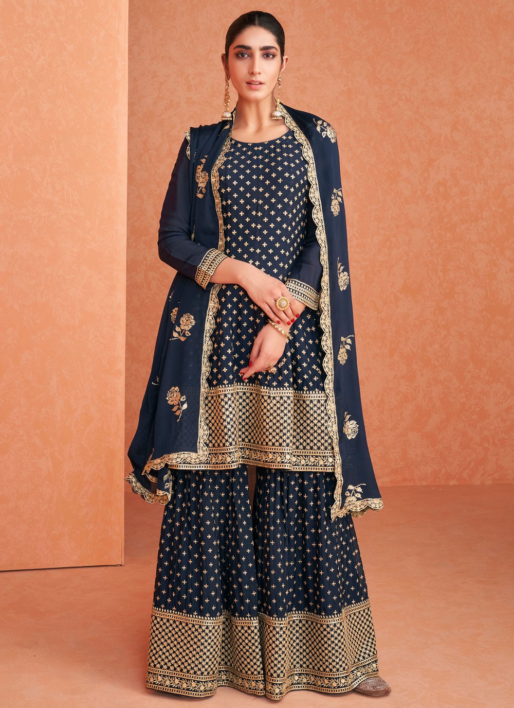 Navy Blue Embroidered Designer Palazzo Suit