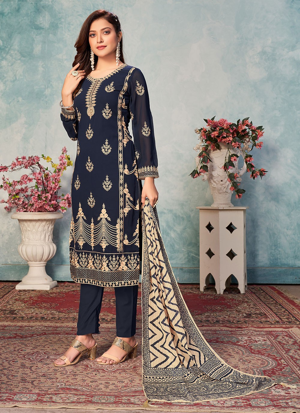 Buy Navy Blue Embroidered Festival Pant Style Suit Online