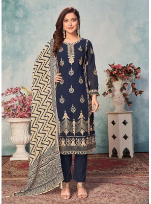 Navy Blue Embroidered Festival Pant Style Suit