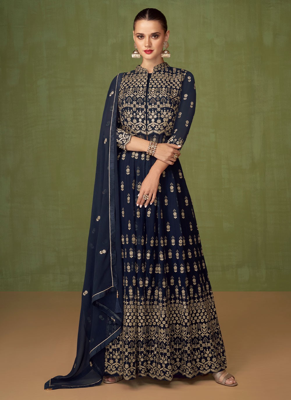 Navy Blue Embroidered Georgette Readymade Salwar Suit