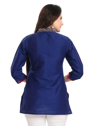 Navy Blue Embroidered Raw Silk Designer Kurti