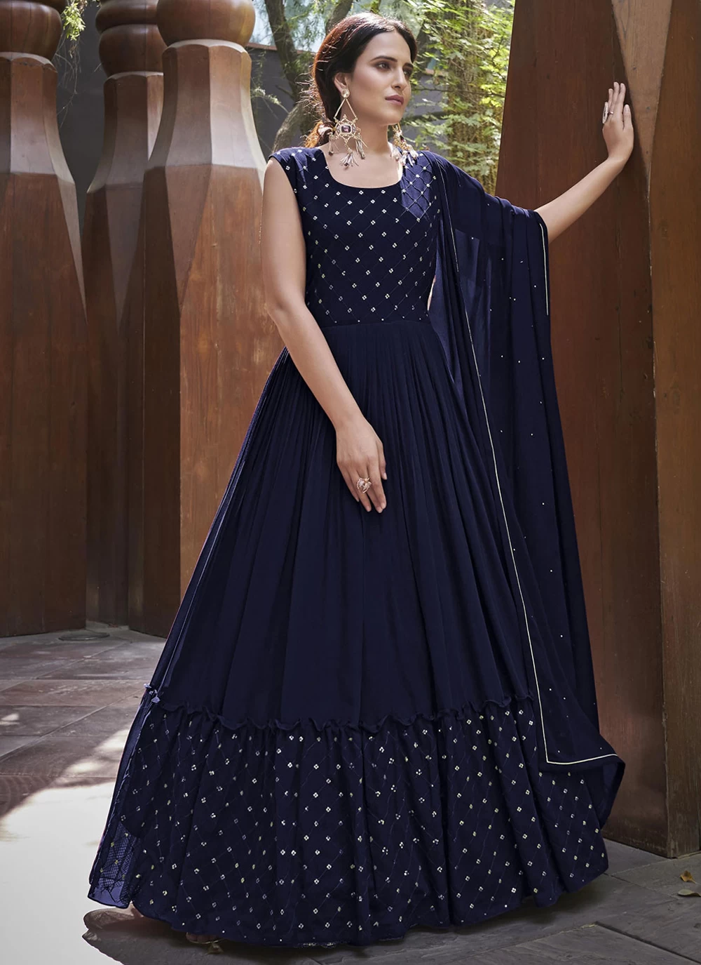 Buy Navy Blue Embroidered Readymade Gown Online