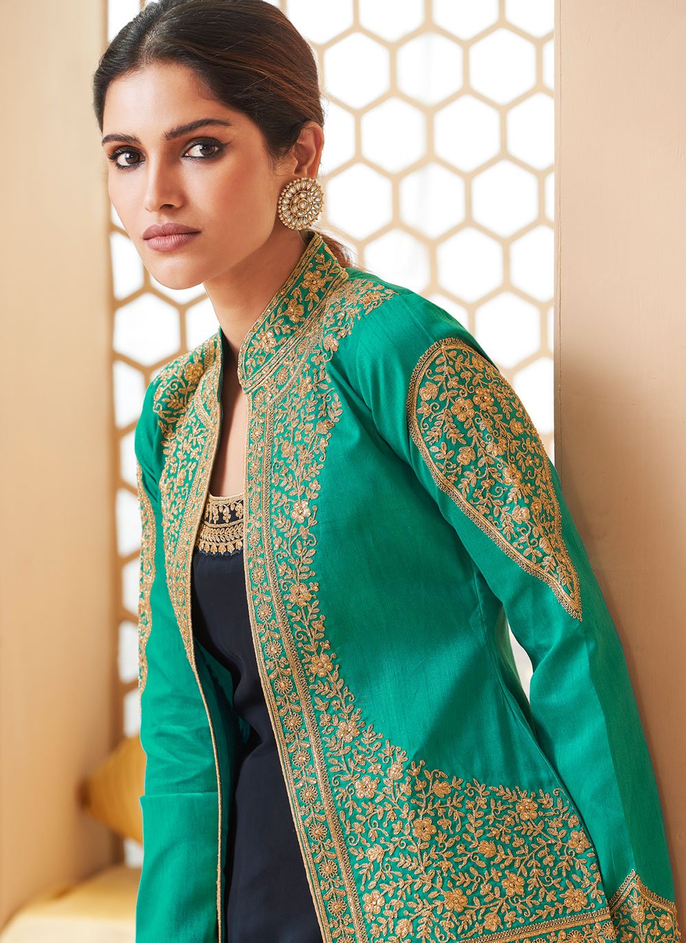 Pista Green & Beige Designer Embroidered Jacket Style Anarkali Gown | Silk  anarkali suits, Designer dresses indian, Party wear