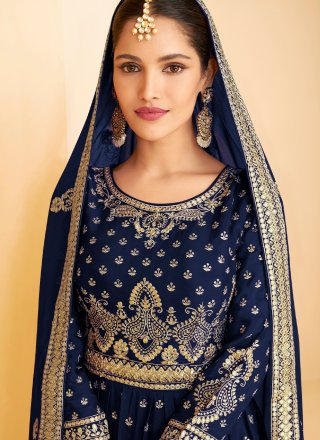 Navy Blue Faux Georgette Embroidered Palazzo Designer Suit