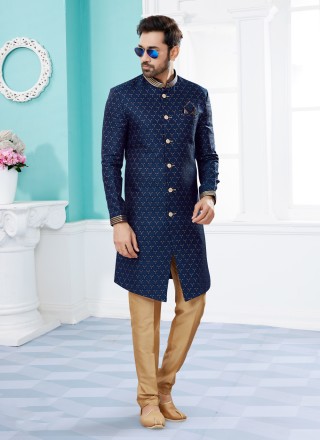 Navy Blue Jacquard Indo Western Sherwani