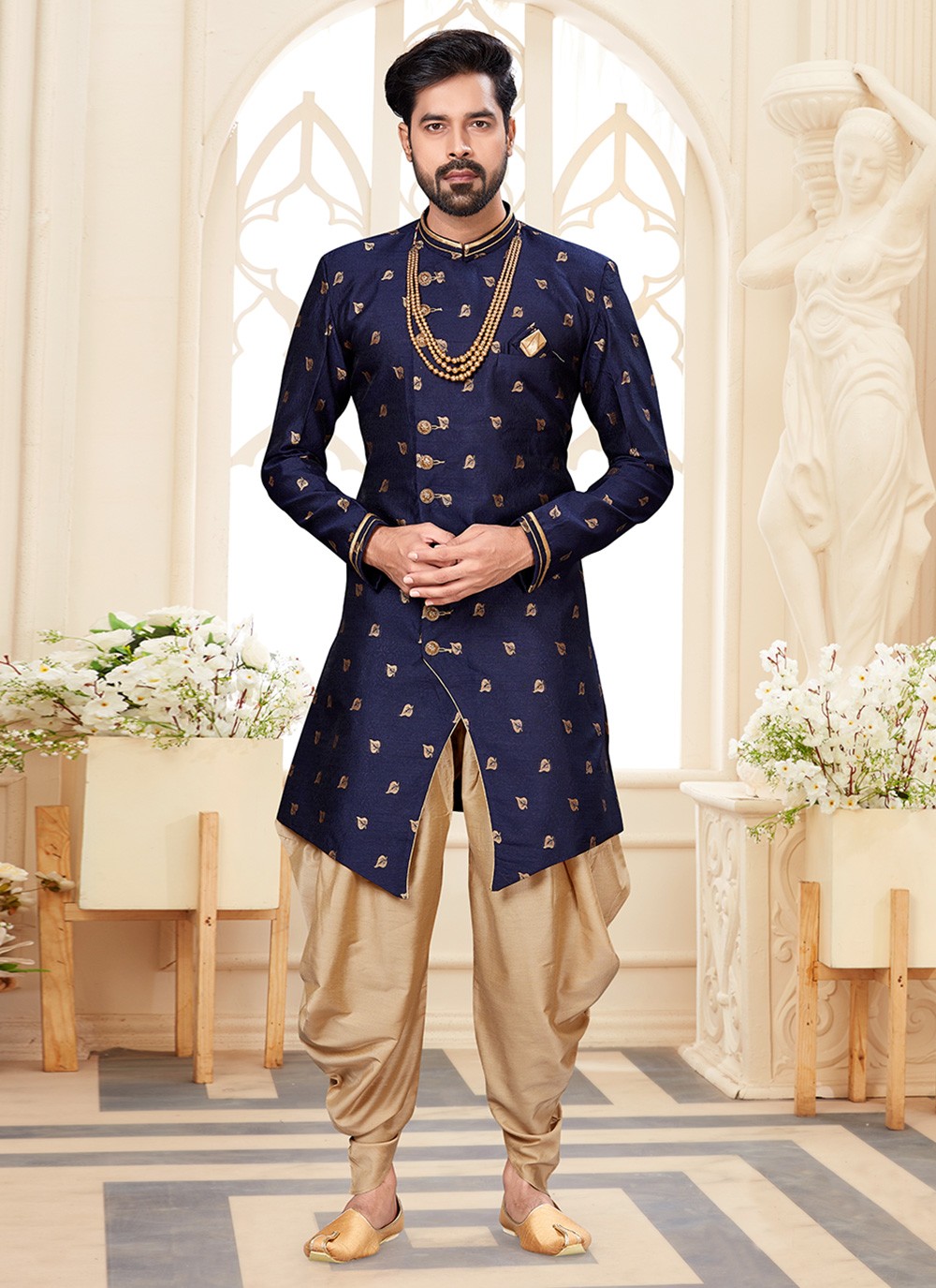 Navy Blue Jacquard Work Fancy Fabric Indo Western Sherwani buy online