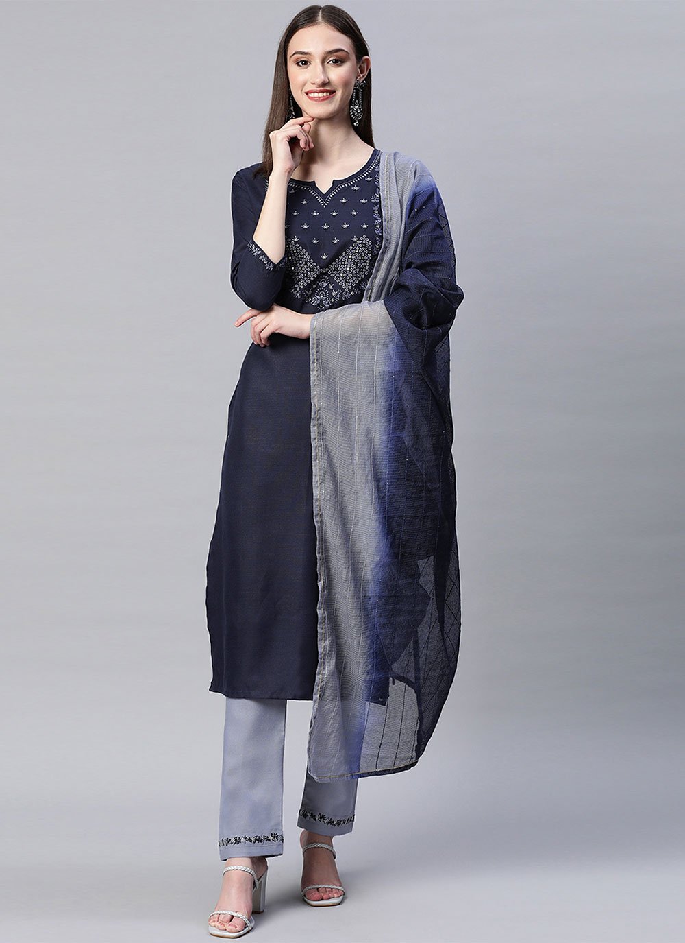 Navy Blue Mirror Silk Pant Style Suit