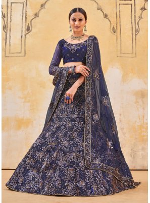 Navy Blue Net Wedding Designer A Line Lehenga Choli