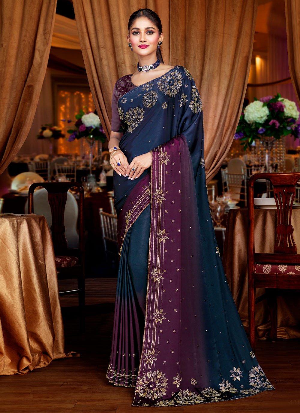 Shop Navy Blue BlueCherry Silk Cording Embroidery Saree Party Wear Online  at Best Price | Cbazaar