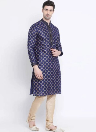Navy Blue Printed Art Dupion Silk Kurta Pyjama
