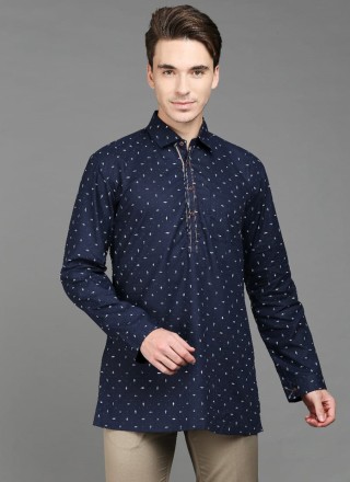 Navy Blue Printed Ceremonial Short Kurta