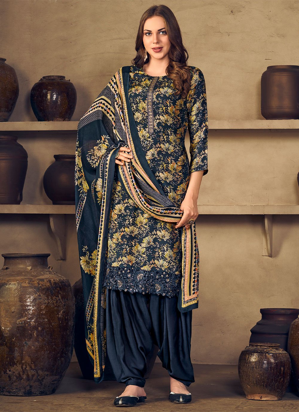 Buy Sunrise Orange Salwar Kameez & Black Floral Patiala Material – Bavis  Clothing