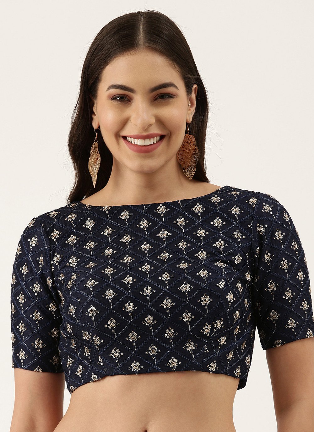Buy Online Navy Blue Raw Silk Blouse 243675 Blouse