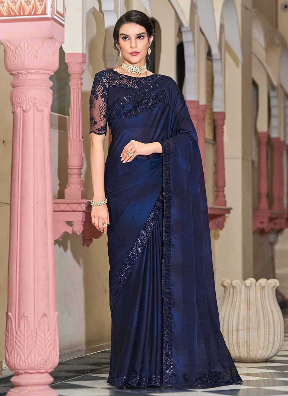Navy Blue Resham Silk Designer Saree