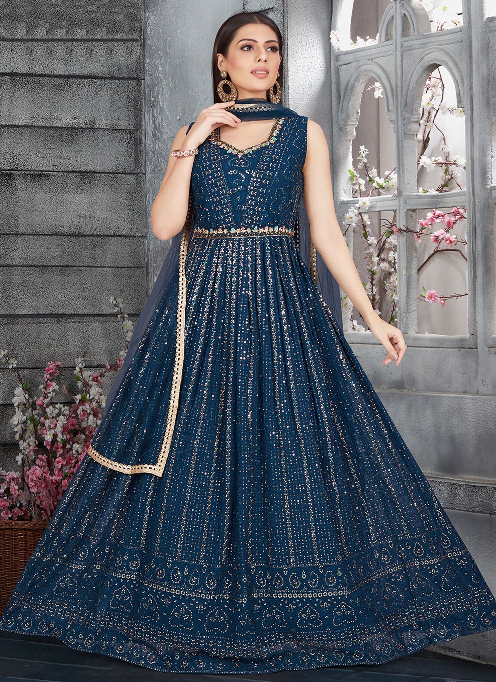 Navy Blue Stone Work Georgette Readymade Floor Length Gown 
