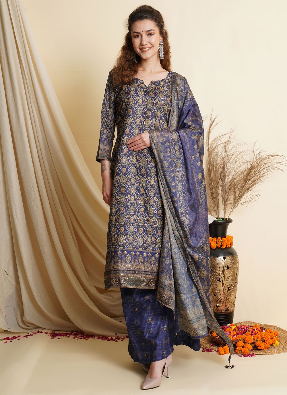 Navy Blue Tussar Silk Digital Print Straight Salwar Suit