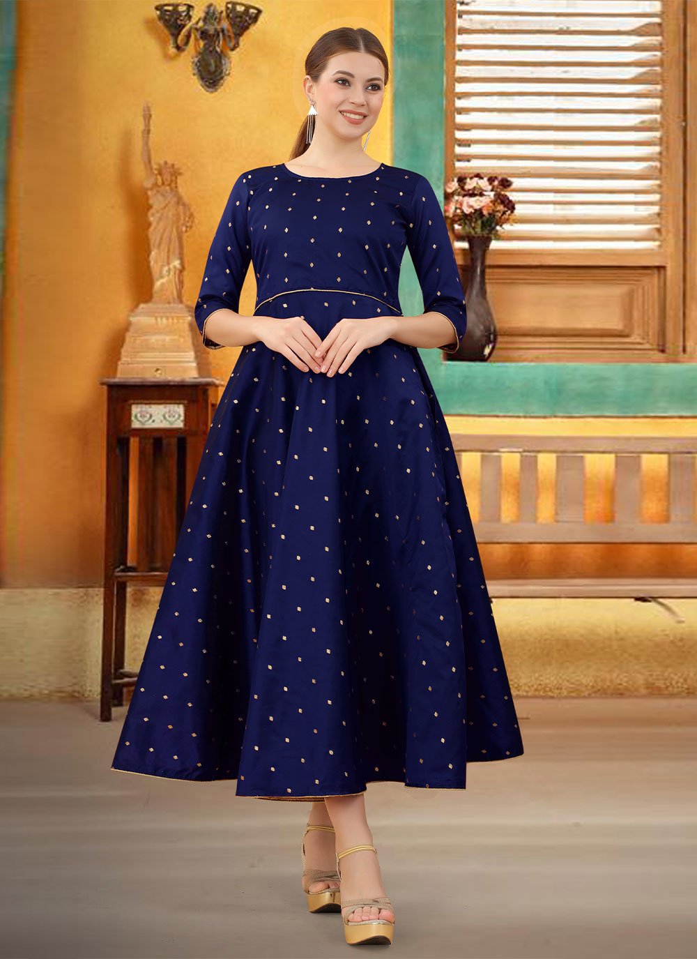 Navy Blue Weaving Silk Trendy Gown