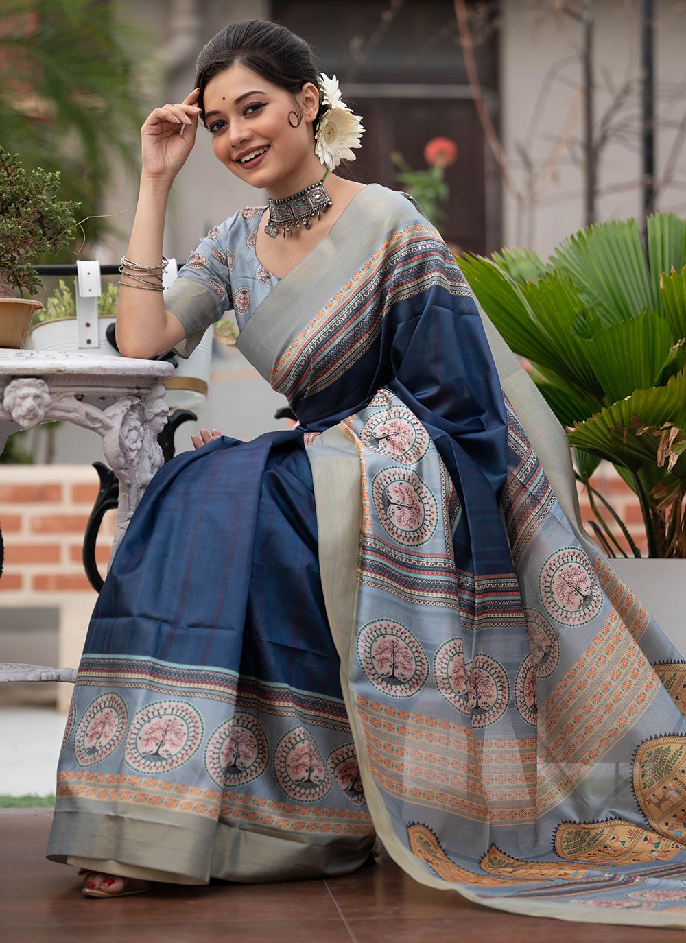 Navy blue woven blended cotton saree with blouse - Charukriti - 3323497