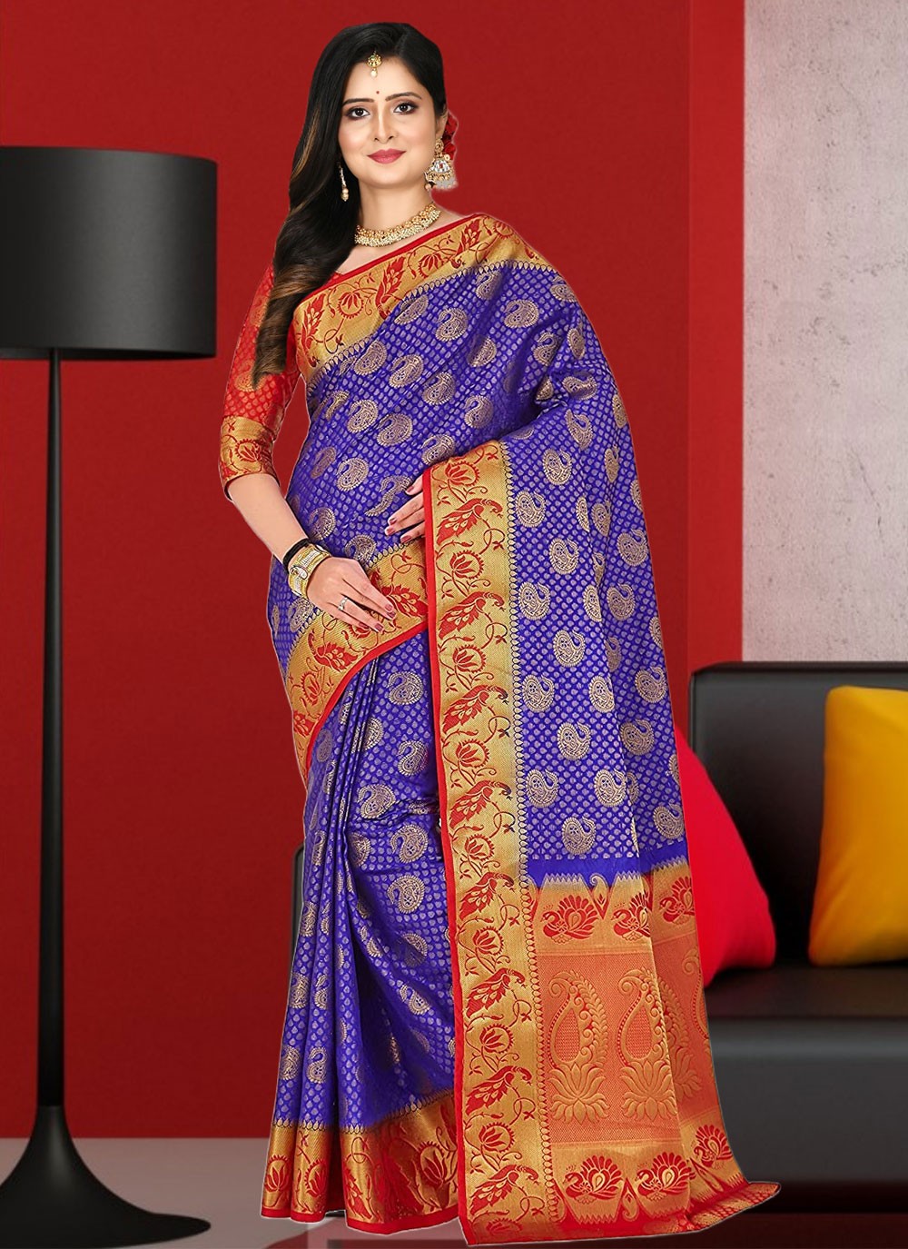 Shop Online Navy Blue Wedding Kanjivaram Silk Contemporary Saree : 238344