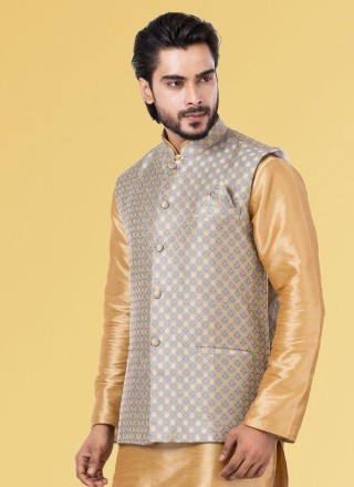 Nehru Jackets Embroidered Jacquard Silk in Grey