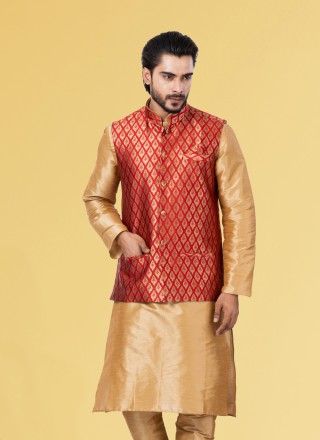 Nehru Jackets Embroidered Jacquard Silk in Red