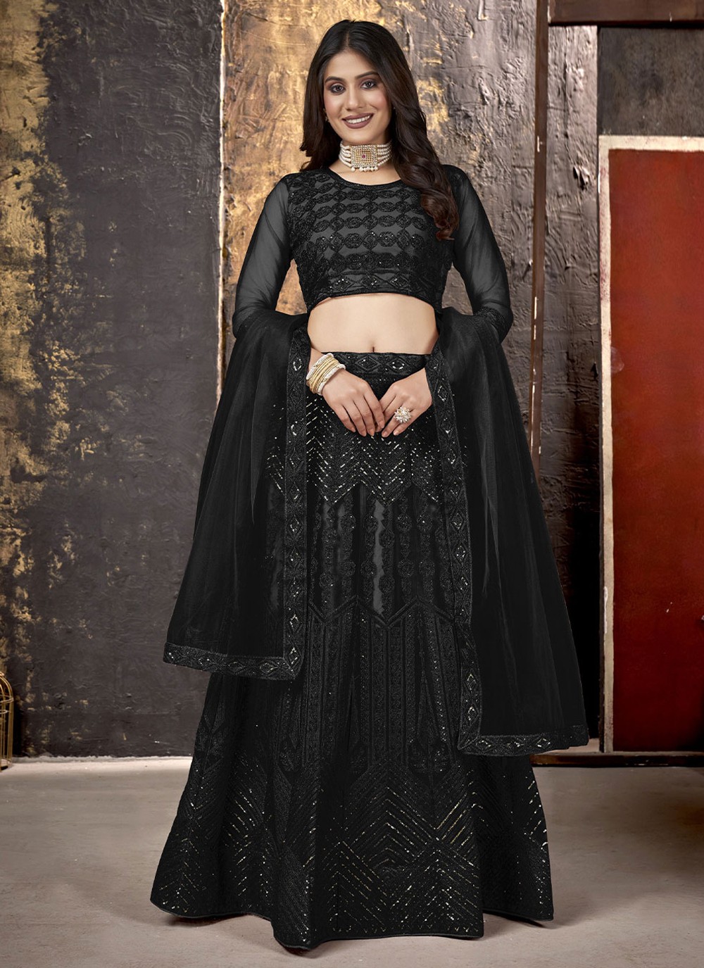 Buy Net A Line Lehenga Choli in Black Online 235954 Lehenga Choli