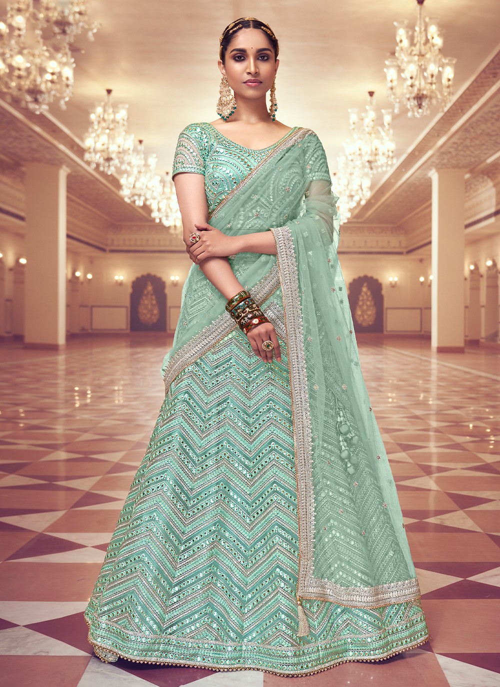 Fancy Work Bridal Lehenga Choli In Sea Green Color Georgette Fabric